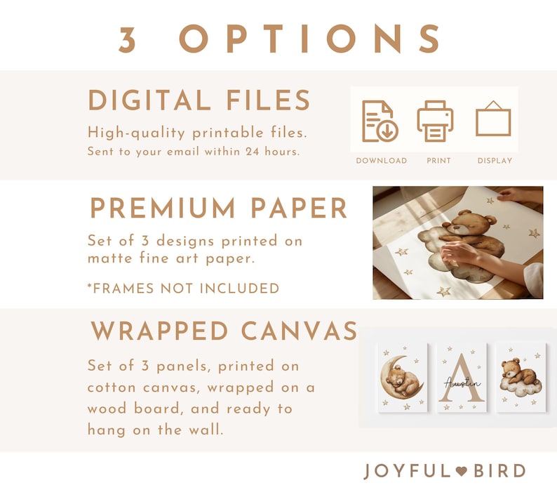 May include: Three options for purchasing a set of three bear-themed prints: digital files, premium paper prints, or wrapped canvas prints. The canvas prints are shown in the image, with one panel featuring a bear sleeping on a crescent moon, another with the name "Austin", and the third with a bear sleeping on a cloud.