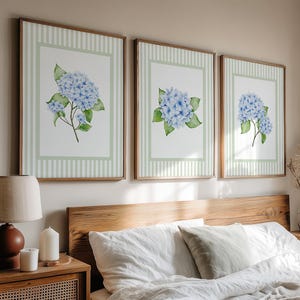 Striped Hydrangea Print Set of 3, French Country Wall Art, Vintage Floral, Antique, Coastal Granddaughter Aesthetic, Grandmillennial 450N