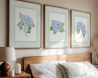 Striped Hydrangea Print Set of 3, French Country Wall Art, Vintage Floral, Antique, Coastal Granddaughter Aesthetic, Grandmillennial 450N