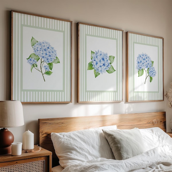 Striped Hydrangea Print Set of 3, French Country Wall Art, Vintage Floral, Antique, Coastal Granddaughter Aesthetic, Grandmillennial 450N