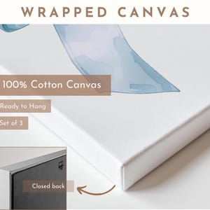 May include: A set of three wrapped canvas prints with a watercolor design of a light blue ribbon. The canvas is 100% cotton and is ready to hang. The back of the canvas is closed.