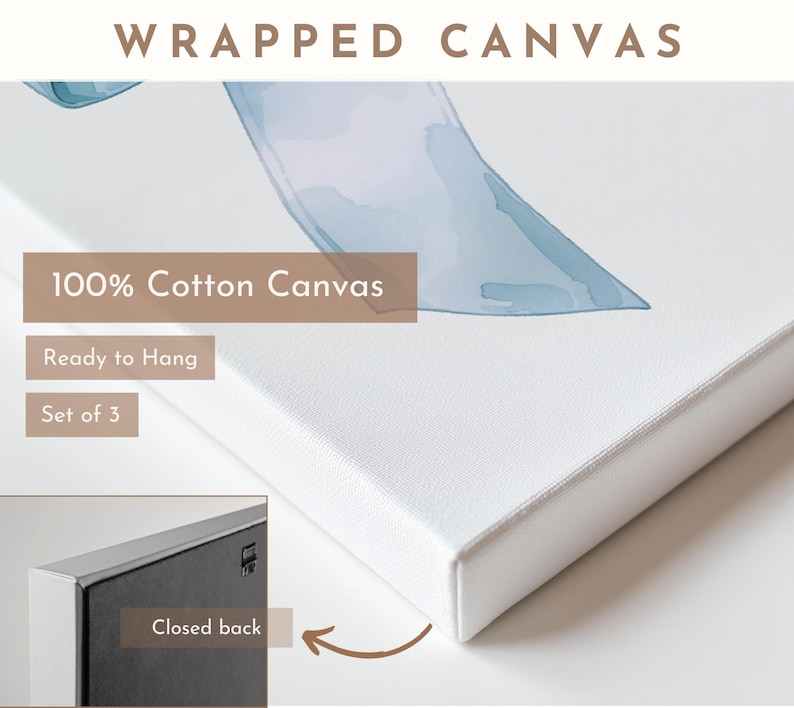 May include: A set of three wrapped canvas prints with a watercolor design of a light blue ribbon. The canvas is 100% cotton and is ready to hang. The back of the canvas is closed.