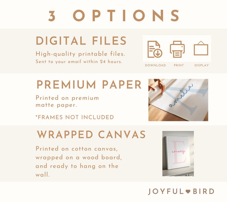May include: Image showcasing three options: digital files, premium paper, and wrapped canvas. The digital files are high-quality printable files. Premium paper is printed on matte paper. Wrapped canvas is printed on cotton canvas, ready to hang.