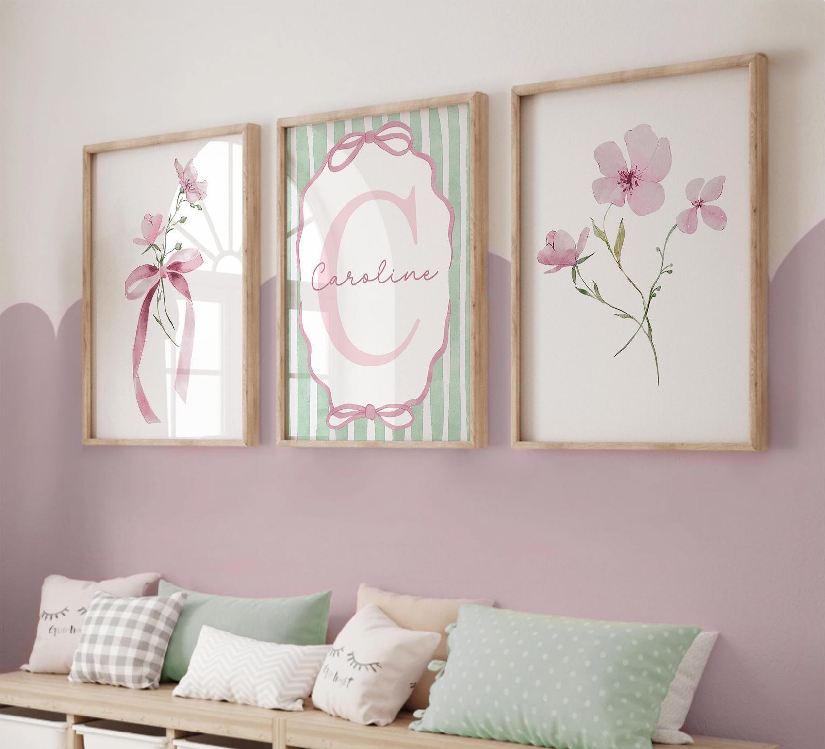 Pink & Sage Green Custom Name Wall Art Set of 3, Shabby Chic Prints ...