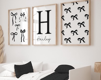Black Coquette Wall Art, Custom Initial Name, Coquette Bow Print, Aesthetic Black Wall Prints, Set of 3, Teen, Girls, Dorm, Room Decor 422X