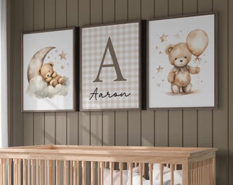 Bear Nursery Wall Art, Set of 3 Prints, Custom Name Nursery Decor, Child, Kids Room Decor, Baby Neutral Wall Art, Bear Decor 448A