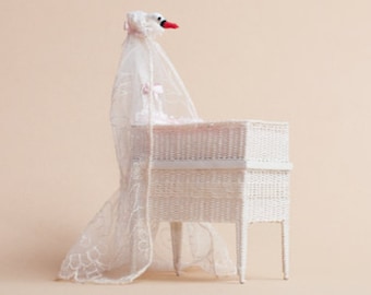 Dollhouse miniature, Wicker swan cradle with canopy, scale 1 : 12, WC/10 12