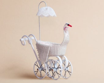 Dollhouse miniature, Wicker swan child's carriage with parasol, scale 1 : 12, WC/10 11