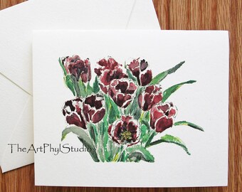 Purple and White Tulip Note Cards with Original Watercolor Designs - Boxed Set of 8 Cards and 8 Envelopes