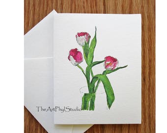 Three Tulip Blooms Note Cards with Original Watercolor Designs - Boxed Set of 8 Cards and 8 Envelopes