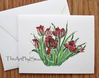 Magenta Tulip Note Cards with Original Watercolor Designs - Boxed Set of 8 Cards and 8 Envelopes