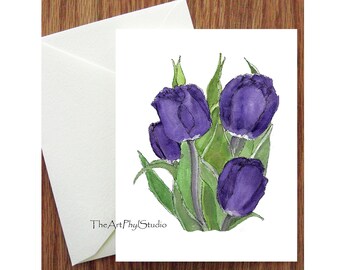 Purple Tulip Note Cards with Original Watercolor Designs - Boxed Set of 8 Cards and 8 Envelopes