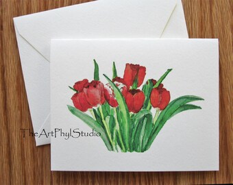 Red Tulip Note Cards with Original Watercolor Designs - Boxed Set of 8 Cards and 8 Envelopes