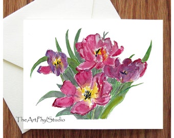 Wide Open Tulip Note Cards with Original Watercolor Designs - Boxed Set of 8 Cards and 8 Envelopes