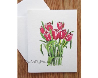 Pink and White Tulip Note Cards with Original Watercolor Designs - Boxed Set of 8 Cards and 8 Envelopes