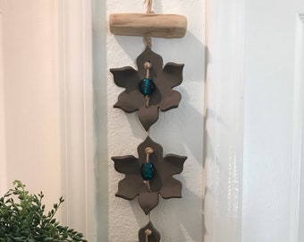 Flower Ceramic and Turquoise Glass Bead Macrame Wall Hanging