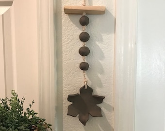 Grey Brown Ceramic Flower and Bead Macrame and Driftwood Single Strand Natural Wall Hanging