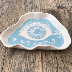 Turquoise Ceramic Dish Handmade Organically Shaped Eye Design Hand Carved image 4