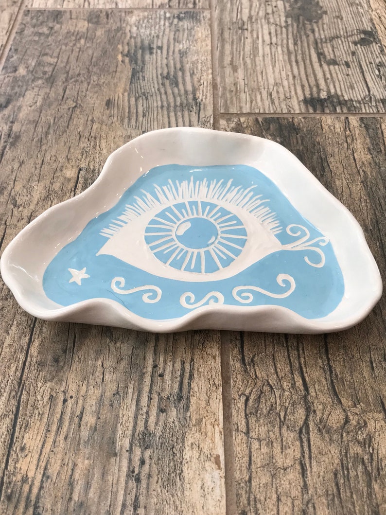 Turquoise Ceramic Dish Handmade Organically Shaped Eye Design Hand Carved image 4