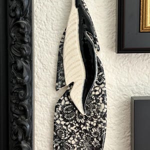 Double Feather Ceramic Wall Hanging with Lace Print in Black and White