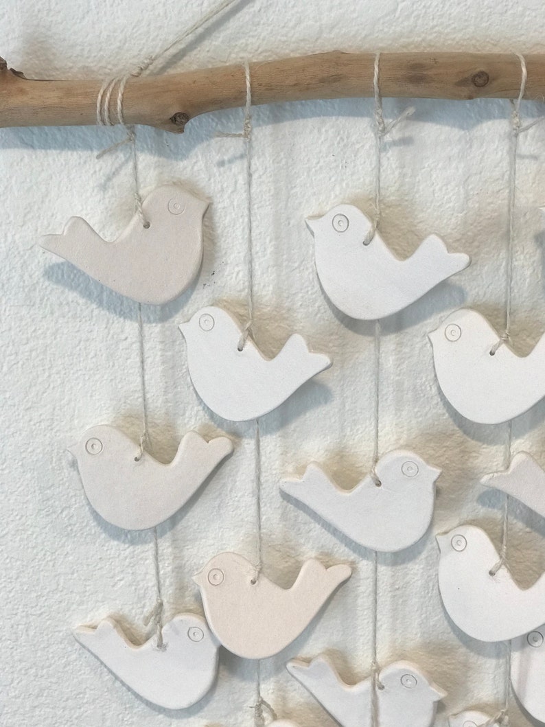 16 White Ceramic Birds Wall Hanging Macrame Wood Etsy