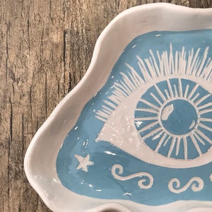 Turquoise Ceramic Dish Handmade Organically Shaped Eye Design Hand Carved image 3