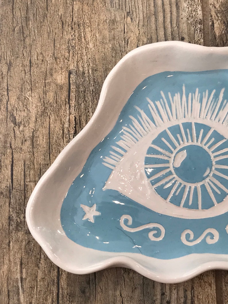 Turquoise Ceramic Dish Handmade Organically Shaped Eye Design Hand Carved image 3