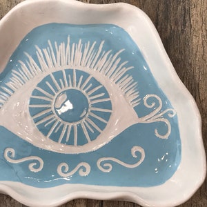 Turquoise Ceramic Dish Handmade Organically Shaped Eye Design Hand Carved image 2