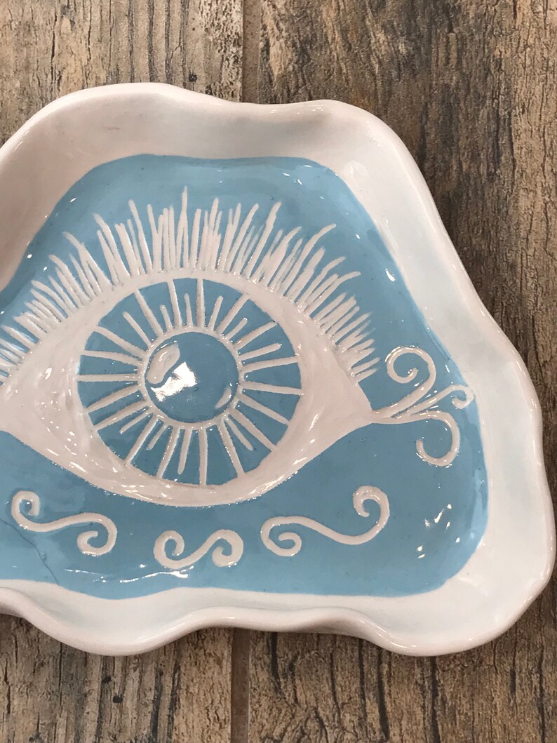 Turquoise Ceramic Dish Handmade Organically Shaped Eye Design Hand Carved image 2
