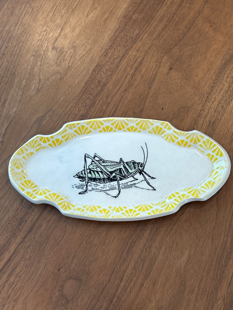 Ceramic Dish with Grasshopper and Edged in a Yellow Graphic Design image 1