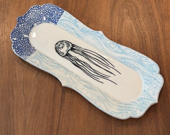 Handmade Long Ceramic Dish with Scalloped Edges In Blue, Turquoise and White with Jellyfish Design