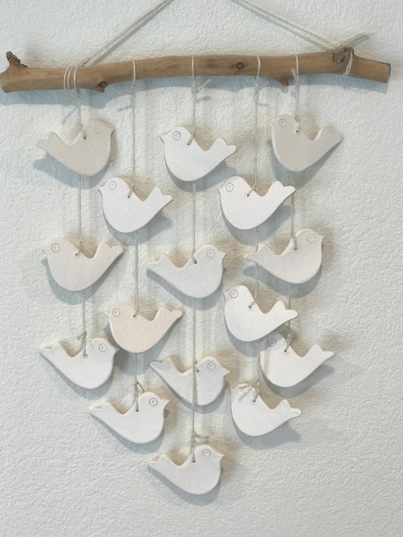 16 White Ceramic Birds Wall Hanging Macrame Wood Etsy