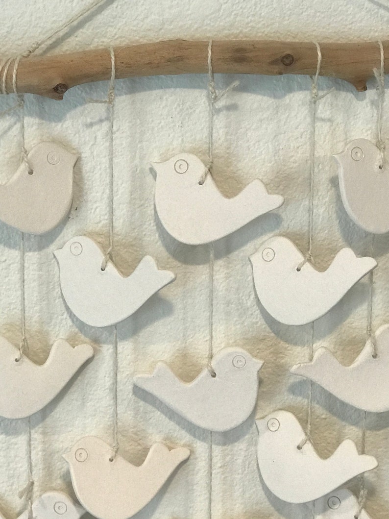 16 White Ceramic Birds Wall Hanging Macrame Wood Etsy