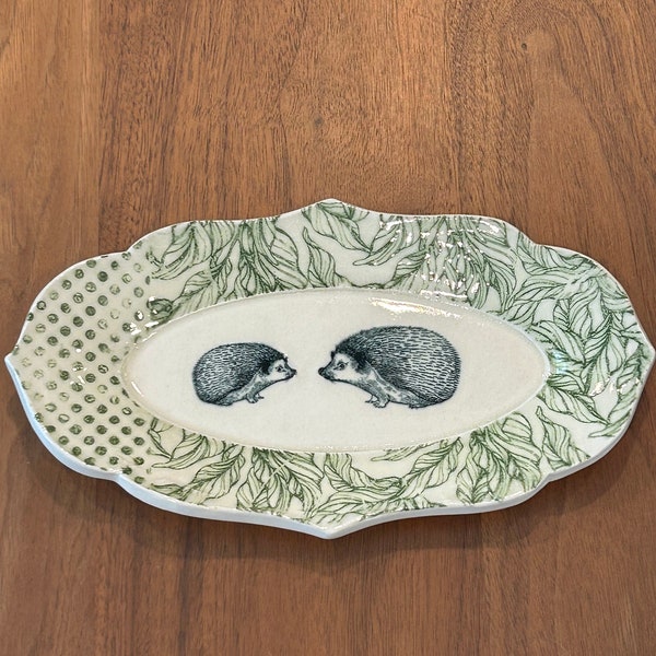 Handmade Ceramic Dish with Two Cute Hedgehogs with Dot and Leaf Designs in Green and White