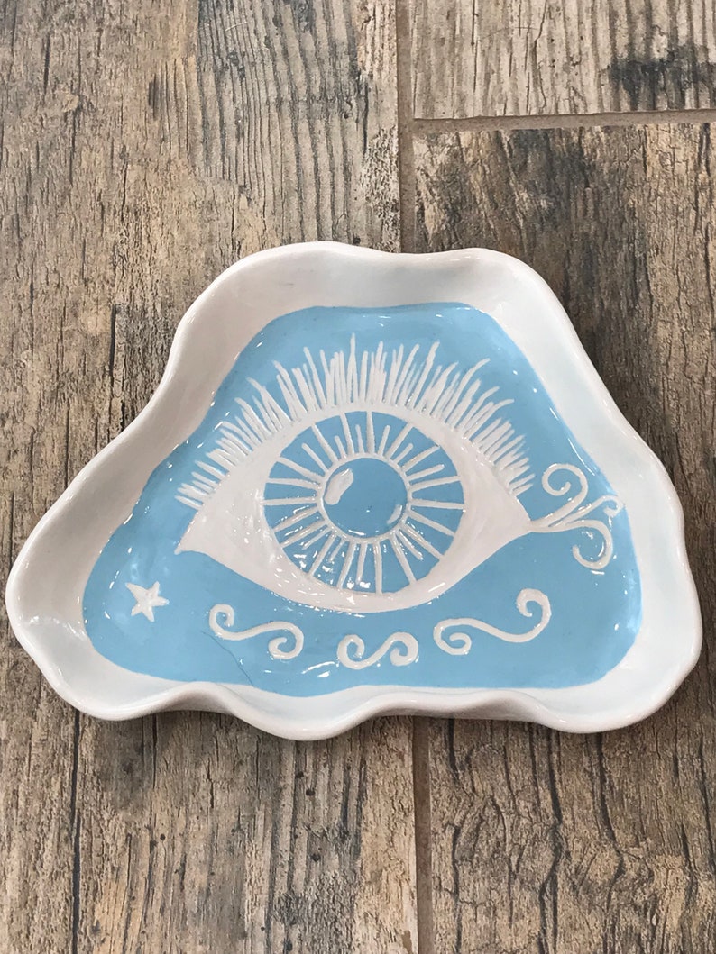 Turquoise Ceramic Dish Handmade Organically Shaped Eye Design Hand Carved image 1