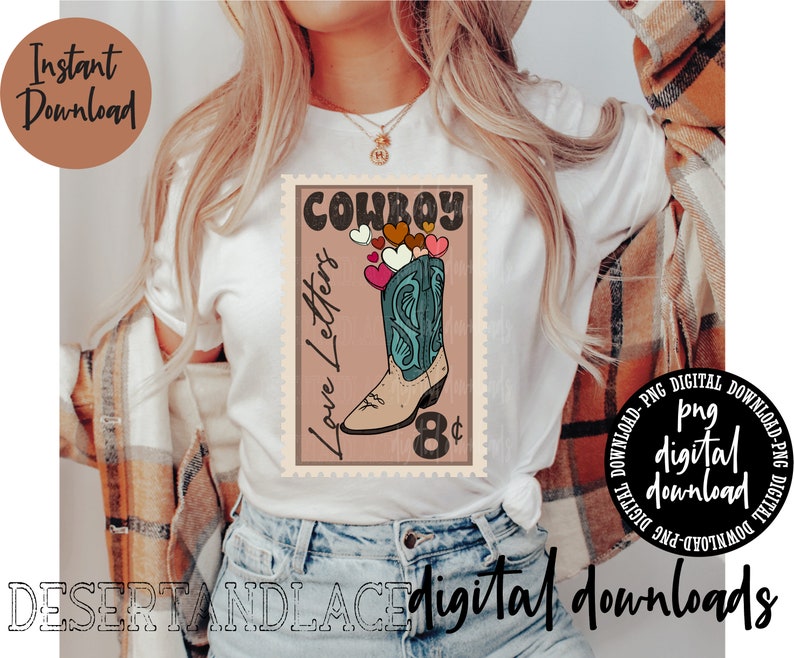 May include: A white t-shirt with a vintage-style stamp design featuring a cowboy boot with hearts and the text "Cowboy Love Letters" and "8&cent;".