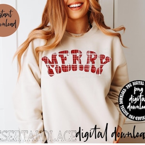 ORIGINAL CREATOR* Distressed Merry Red Plaid PNG Digitaler download| Weihnachtszeit | Frohe Weihnachten | Gewölbte Schrift | Karierter Pullover | Retro