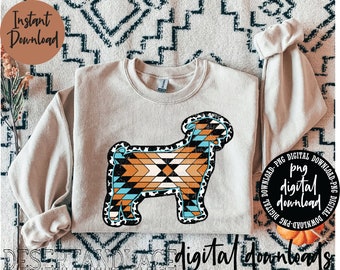 May include: A digital download of a graphic design featuring a silhouette of a goat with a geometric pattern in shades of blue, orange, and brown. The design is set against a white background and has a black and white leopard print border.