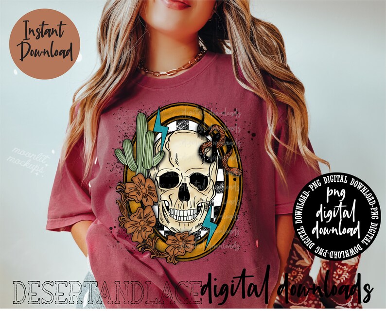 May include: A digital download design featuring a skull with a snake wrapped around it, surrounded by desert plants and flowers. The design is in a yellow circle with a checkered background. The text "digital downloads" is at the bottom of the image.