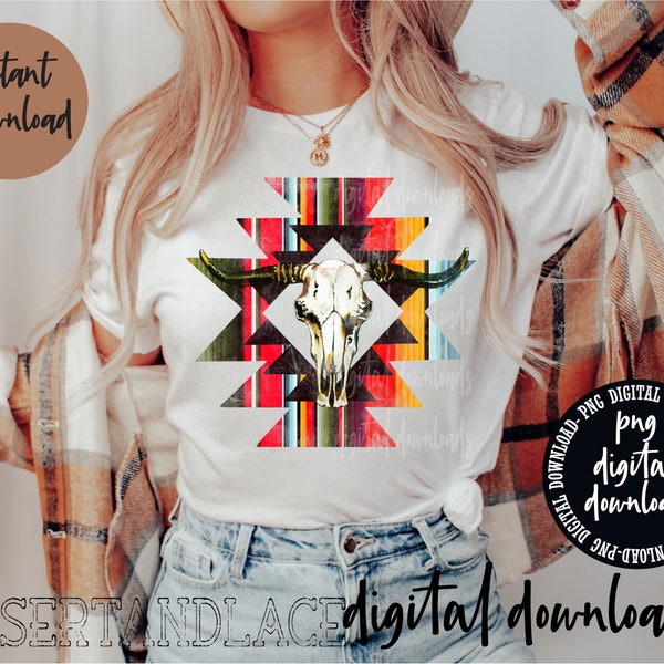 ORIGINAL CREATOR* Aztec Serape Bull skull PNG digital download| Western | Western png | Aztec Cowskull | Longhorns | Serape | Aztec Symbols