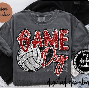 Könnte beinhalten: Ein graues T-Shirt mit dem Schriftzug "GAME DAY" in rotem Glitzer und einer Volleyball-Grafik. Das Shirt enthält auch die Aufschriften "Sofort-Download" und "digitale Downloads".