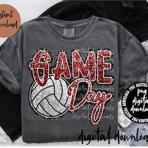 Könnte beinhalten: Graues T-Shirt mit dem Schriftzug "GAME DAY" in rotem Glitzer und einer Volleyball-Grafik. Die Wörter "Sofort-Download" und "digitale Downloads" sind ebenfalls sichtbar.