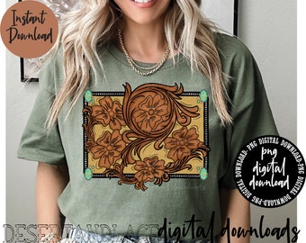 ORIGINAL CREATOR* Tooled Turquoise PNG Digital Download| Belt Buckle | Tooled Floral | Turquoise Jewelry | Western shirt design | Leather