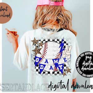 CRIADOR ORIGINAL* Game Day Baseball PNG download digital (angustiado) | Esportes | Mamãe do beisebol | Camiseta de beisebol | Cores escolares azuis e brancas