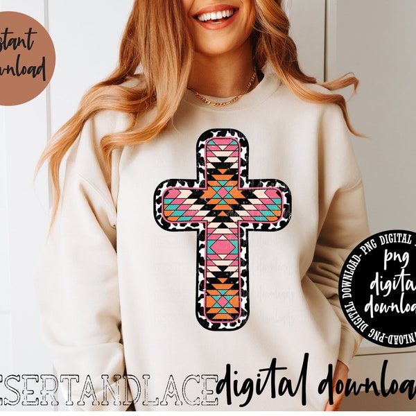 ORIGINAL CREATOR* Distressed Aztec Cowhide Cross V2 PNG digital download | Western png | Aztec pattern | Cowprint Cross | Jesus | Cowprint