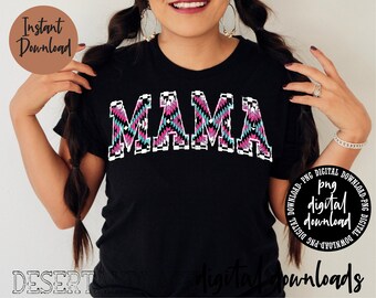 May include: Black t-shirt with a pink, blue, and white geometric design that says "MAMA" in white letters.