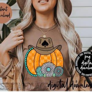 May include: A digital download of a graphic design featuring a pumpkin wearing a cowboy hat with a spade design. The pumpkin is decorated with turquoise and white beads and flowers. The design is perfect for fall crafts, t-shirt designs, and more.
