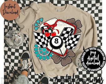 May include: Beige sweatshirt with a graphic featuring a checkered flag, a number 8 ball, and cherries. The design includes turquoise accents and the words "Instant Download" and "digital downloads".