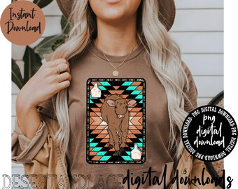 May include: A digital download of a brown cow with a geometric pattern in shades of orange, blue, and black. The design includes the text "png digital download".