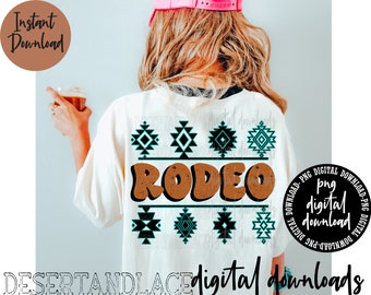 May include: A white t-shirt with a brown "RODEO" graphic and turquoise and black geometric designs. The text "PNG DIGITAL DOWNLOAD" is on a black circle.